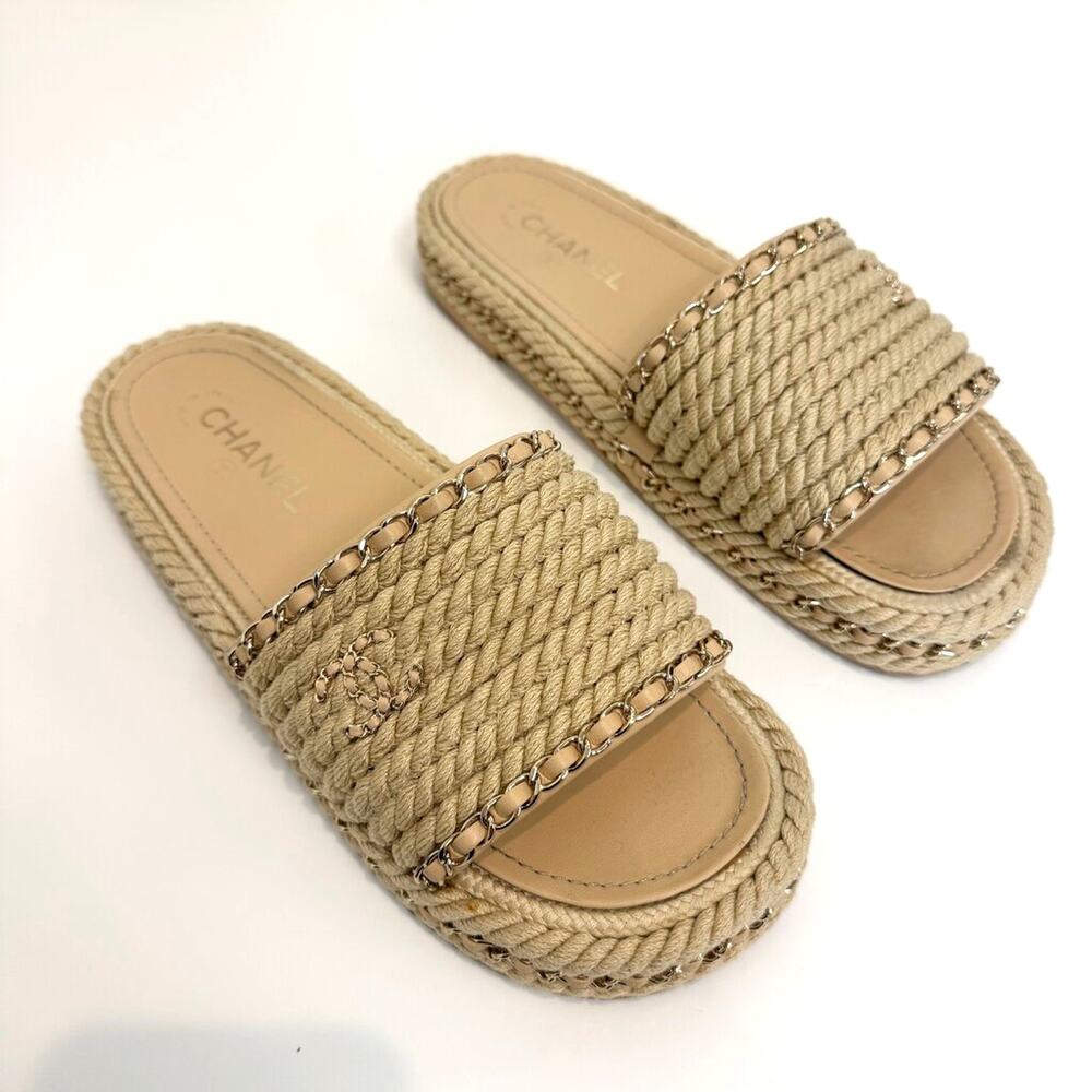 CHANEL Braided Rope Slide Sandals Gold 19 Metal Leather Chain Accents 40 Shoes